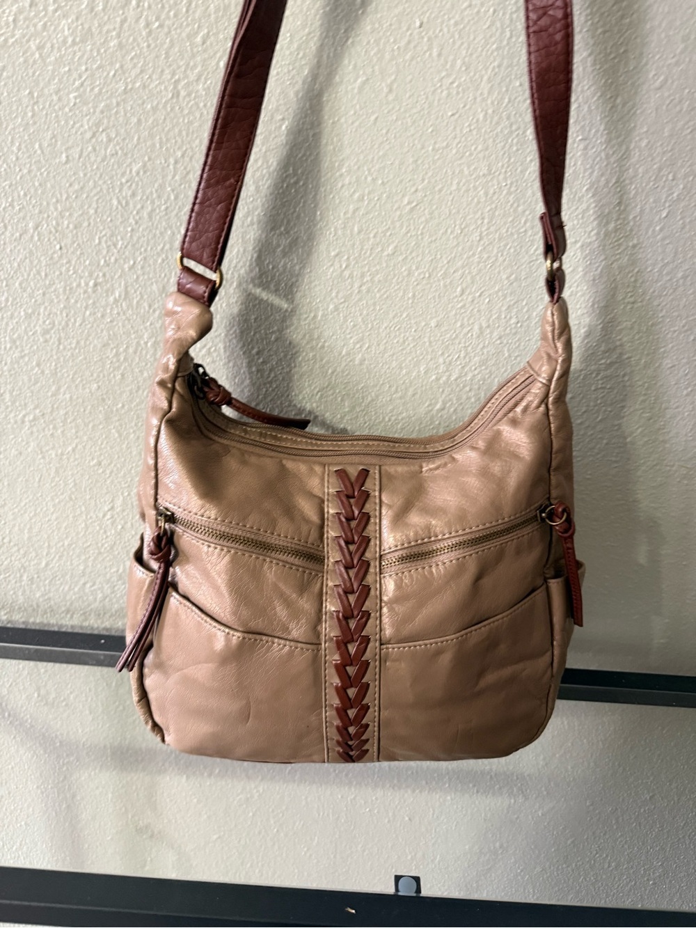 Bueno Tan Brown Braided Hobo Shoulder Bag Multi Zip Boho Purse